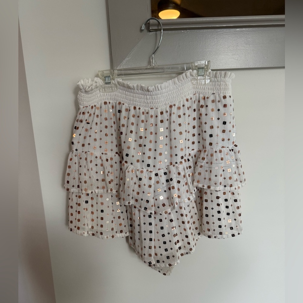 Free the Roses White Tiered Flowy Shorts with Gold Sequins